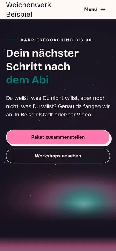 Startseite von Weichenwerk Beispiel mit Nachthimmel, Pink und Türkis am Handy