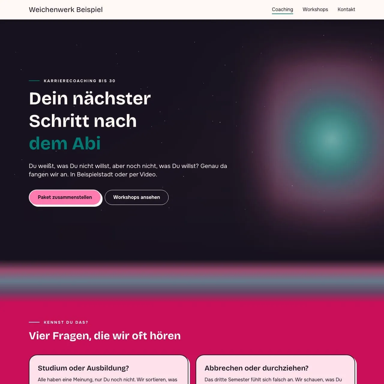 Startseite von Weichenwerk Beispiel mit Nachthimmel, Pink und Türkis am Rechner
