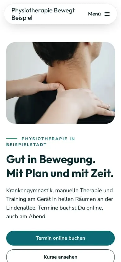 Startseite von Physiotherapie Bewegt Beispiel in Weiß, Mint und Petrol am Handy