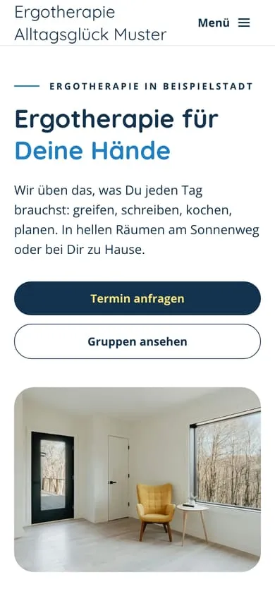 Startseite von Ergotherapie Alltagsglück Muster in Sonnengelb und Nachtblau am Handy