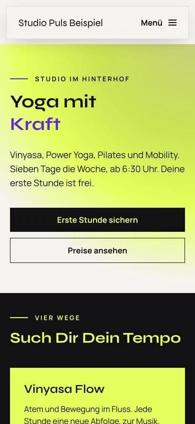 Startseite vom Studio Puls Beispiel in Schwarz und Neongelb am Handy
